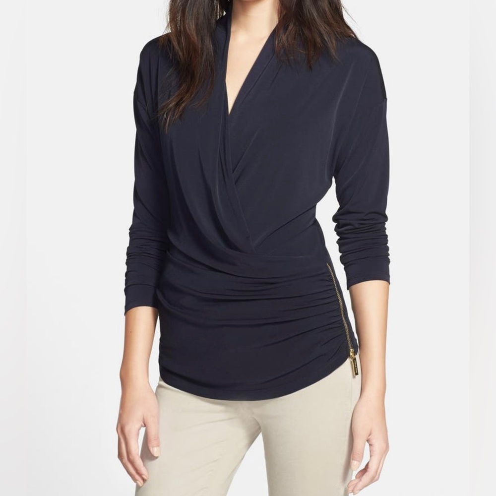 MICHAEL Michael Kors Large Black Side Zip Faux Wrap Top blouse shirt